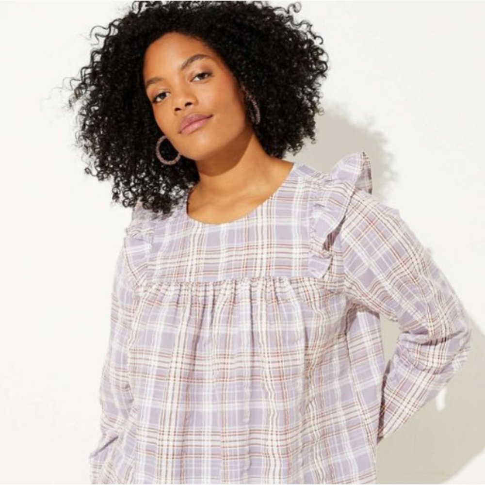 LOFT Plus Plaid Ruffle Cropped Blouse 18W